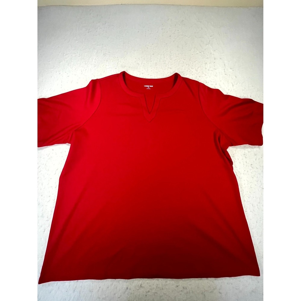 Lands End Shirt Womens 2X Plus Red‎ Cotton Modern Fit Split Neck Performance